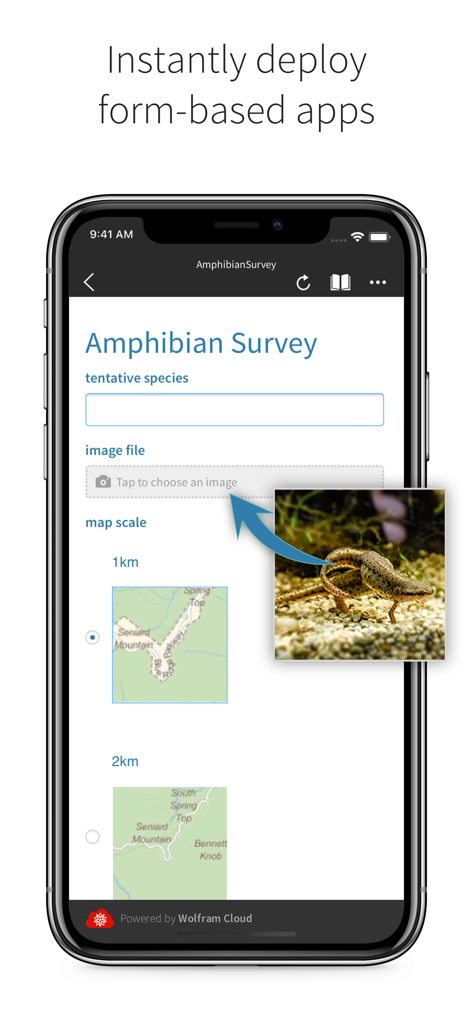 Wolfram Cloud - Captura de pantalla de la aplicación Wolfram Cloud mostrando un formulario móvil de recopilación de datos para una encuesta de anfibios con carga de imágenes y selección de mapa.