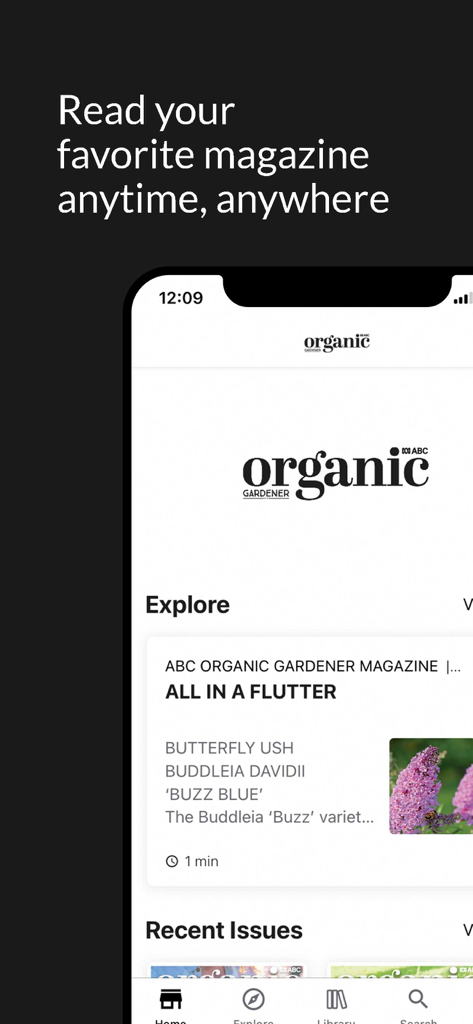 Organic Gardener Magazine - Mobile app interface for Organic Gardener Magazine showing articles about sustainable gardening