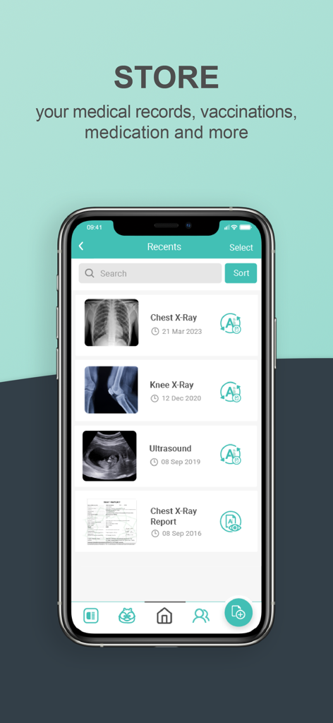 Halza - Halza app interface showing a list of stored medical records including X-rays and ultrasounds
