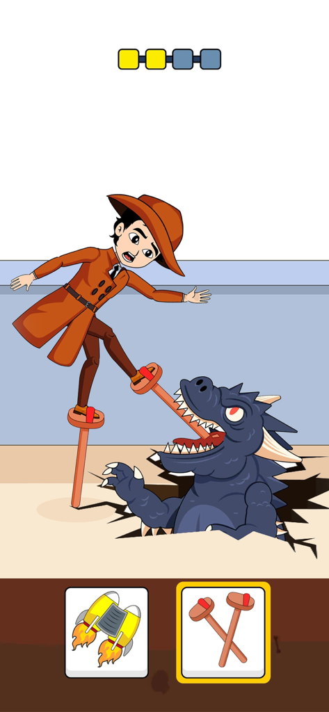 A detective character on stilts facing a blue monster in a logic puzzle game scenario with item choices at the bottom.