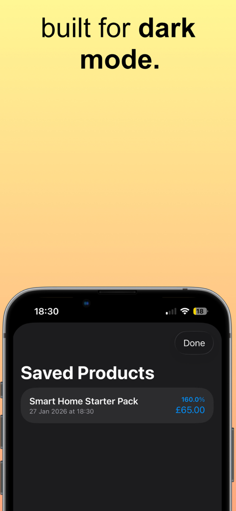 Markup, Margin & Profit Calc - Screenshot of the saved products list in the Markup Margin and Profit Calc app featuring a dark mode interface.
