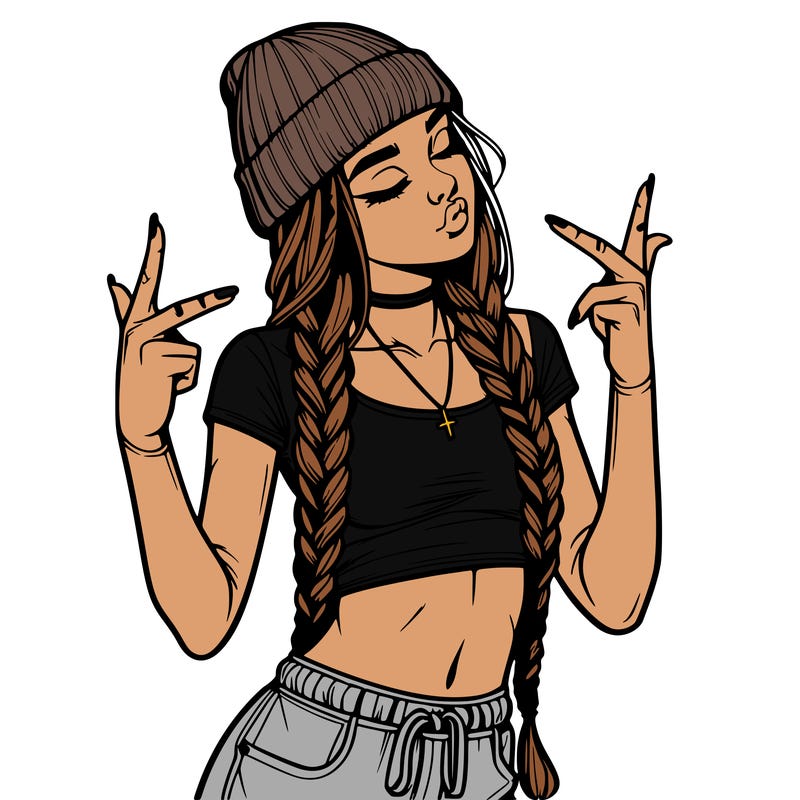 realistic teenage girl with braids and a beanie and crop top doing 🫶🏼