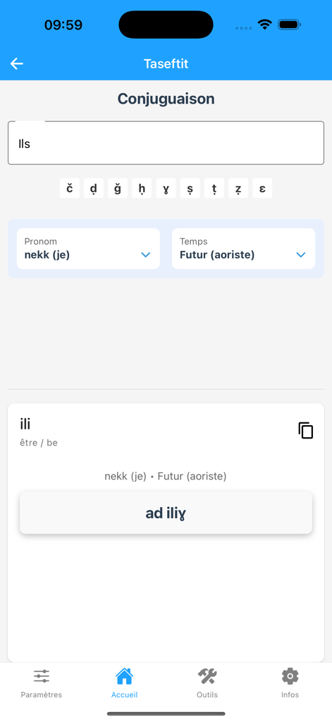 Lmed Taqbaylit - Interface of the Lmed Taqbaylit app showing a verb conjugation tool for the Kabyle language