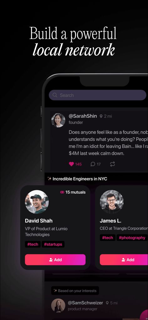 Clockout app interface showing professional profiles and a social feed for building a local network