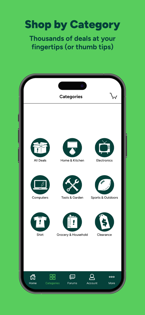 Screenshot of the Woot mobile app categories page showing various deal sections