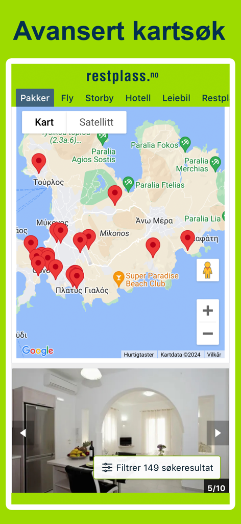 Screenshot der Restplass-Mobile-App mit erweiterter Kartensuche für Reiseangebote in Mykonos mit Vorschau des Innenraums der Unterkunft.