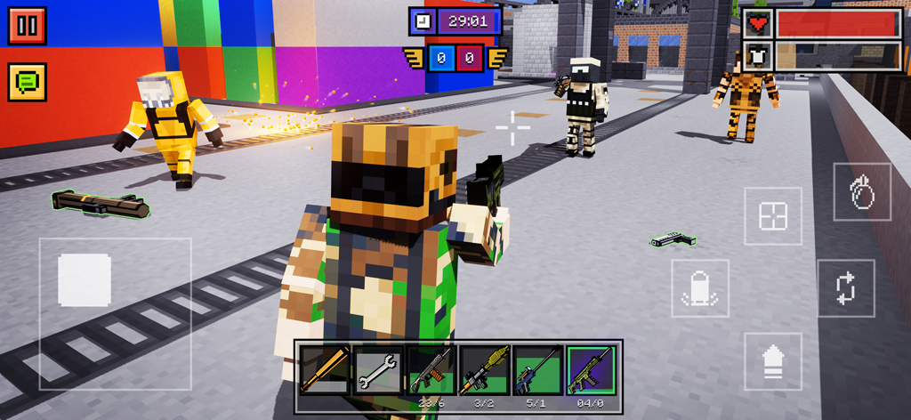 Pixel characters in a multiplayer match of Block Guns 3D online shooter.