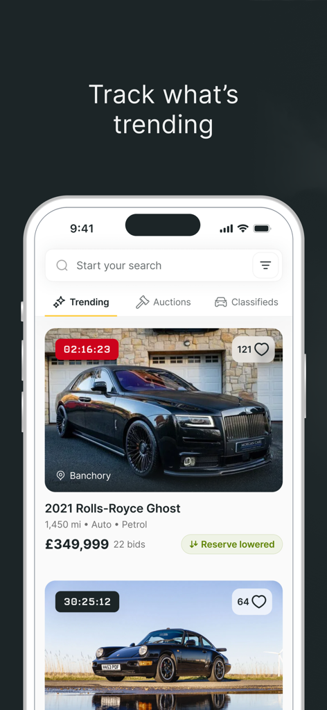 PistonHeads mobile app interface displaying trending luxury car listings and auctions