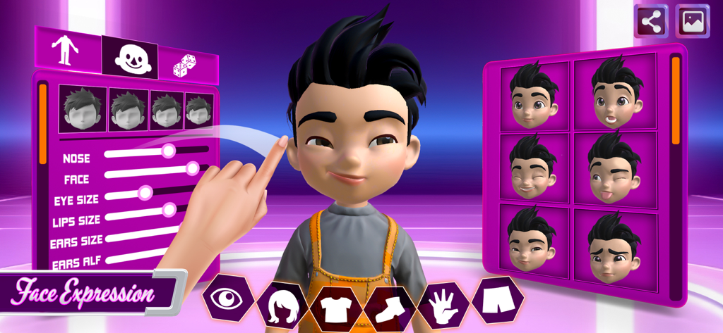 Character Maker : Anime Avatar - Interfaz de la app Creador de Personajes que muestra controles deslizantes para personalizar rasgos faciales y una selección de expresiones faciales de personajes de anime