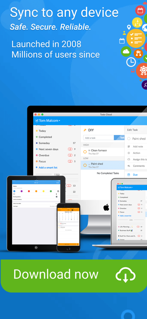 Interfaz de la aplicación Todo que muestra la sincronización entre computadoras iPhone, iPad y Mac.