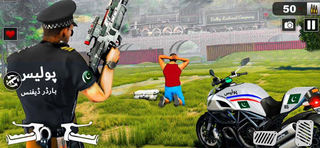 Police Moto Bike Chase Crime - Un oficial de policía con un rifle arrestando a un sospechoso junto a una motocicleta de policía blanca en un campo.