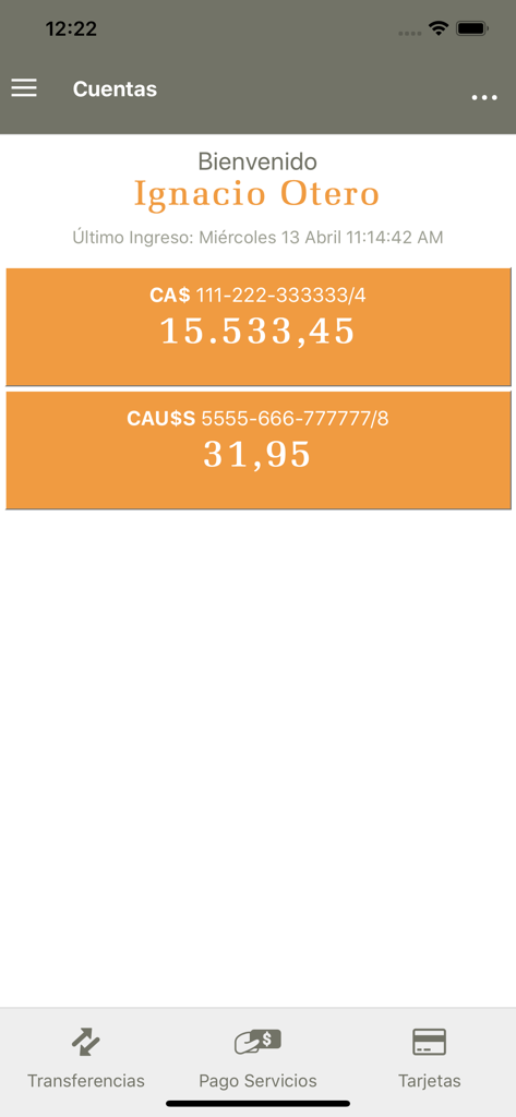 Pantalla de la aplicación de banca comercial de Credicoop que muestra los saldos de las cajas de ahorro en pesos argentinos y dólares estadounidenses