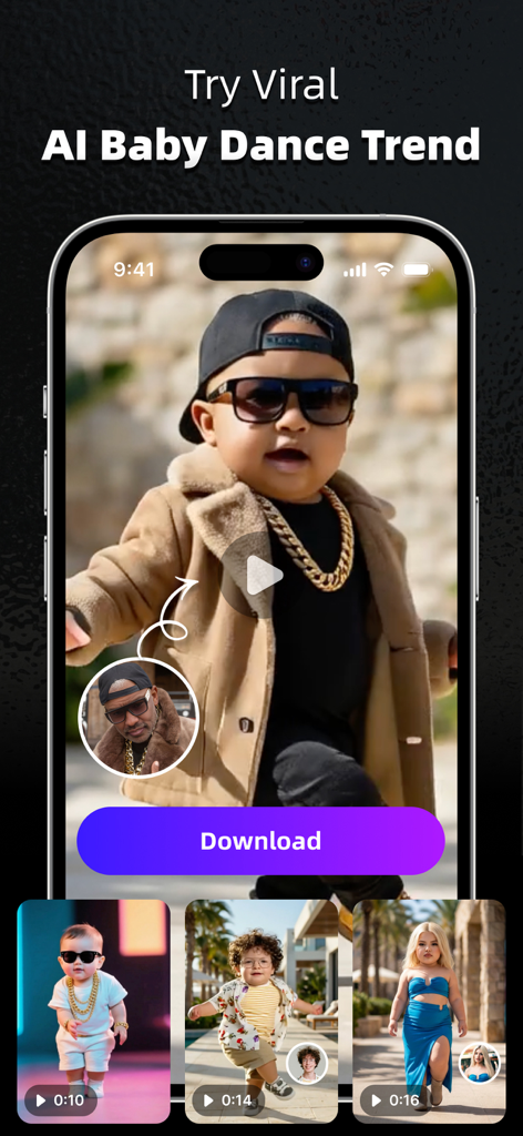 AI Marvels - AI Photo Editor - Tela de smartphone exibindo a tendência viral de dança de bebê com IA do AI Marvels com bebês em roupas estilosas
