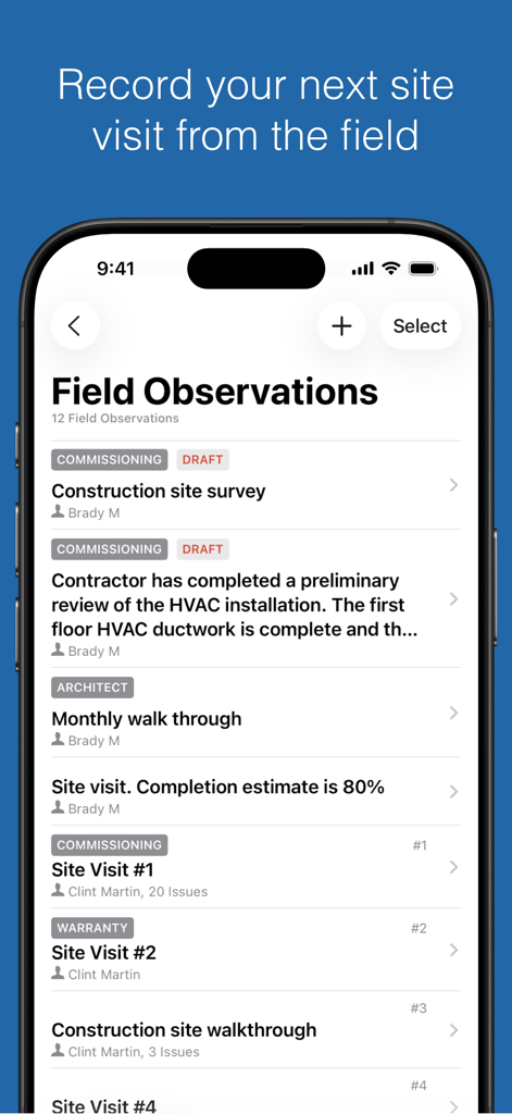 건설 현장 관찰 및 현장 방문 목록을 표시하는 CxAlloy TQ 모바일 앱