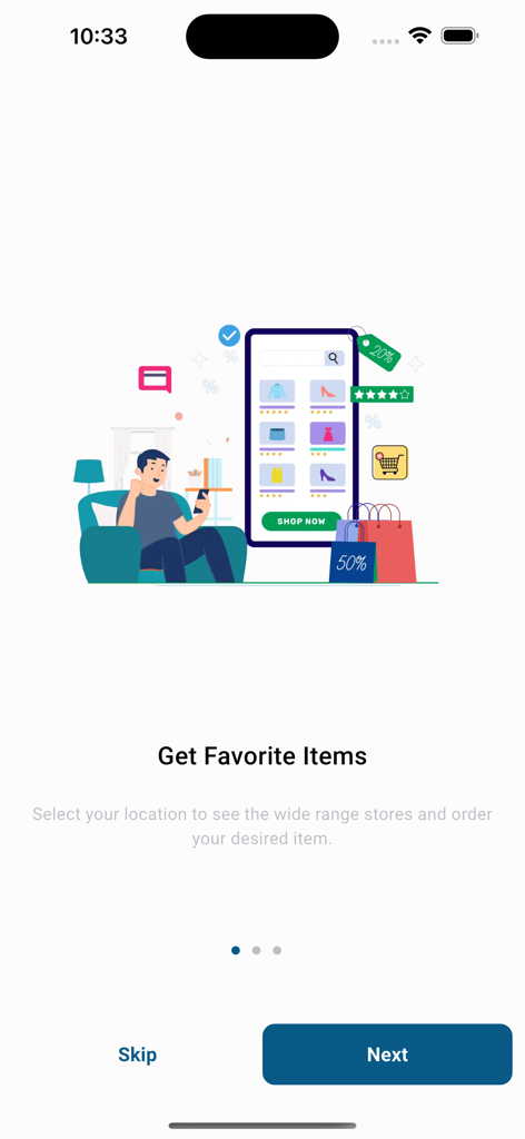 Aly Express app onboarding screen displaying a man shopping for favorite items on his smartphone.