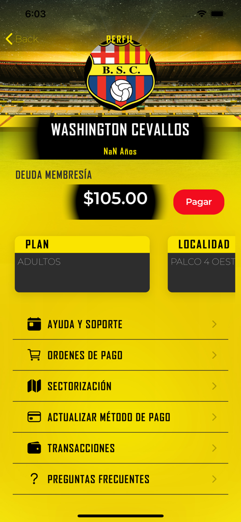 会員ステータスと支払いオプションが表示されたバルセロナSCアプリのユーザープロフィール画面