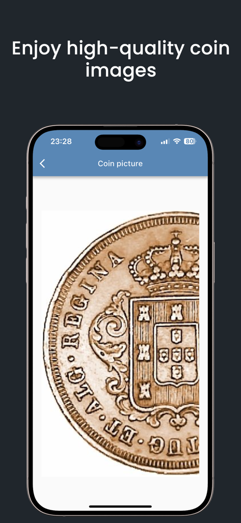 Visualização detalhada de uma moeda histórica em alta resolução no aplicativo World Coins Collecting