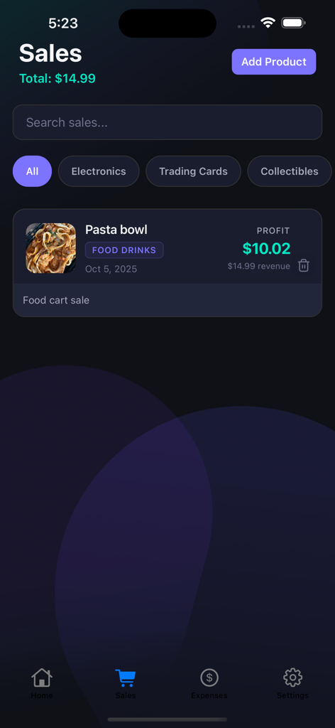 Profit Tracker - Made Simple - Profit Tracker app sales screen showing profit and revenue breakdown for a tracked item
