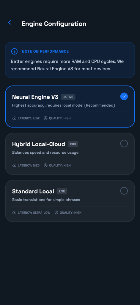 Configuración del motor de IA Traductor mostrando opciones de Neural Engine V3 Hybrid y Local.