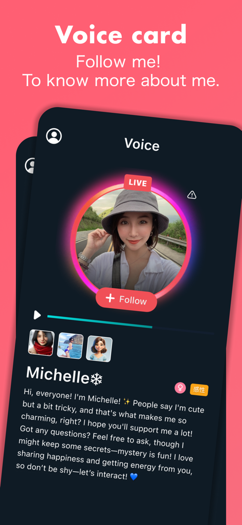 Wave - Audio Live Streaming - Wave app voice card profile interface featuring a user photo and audio streaming bio