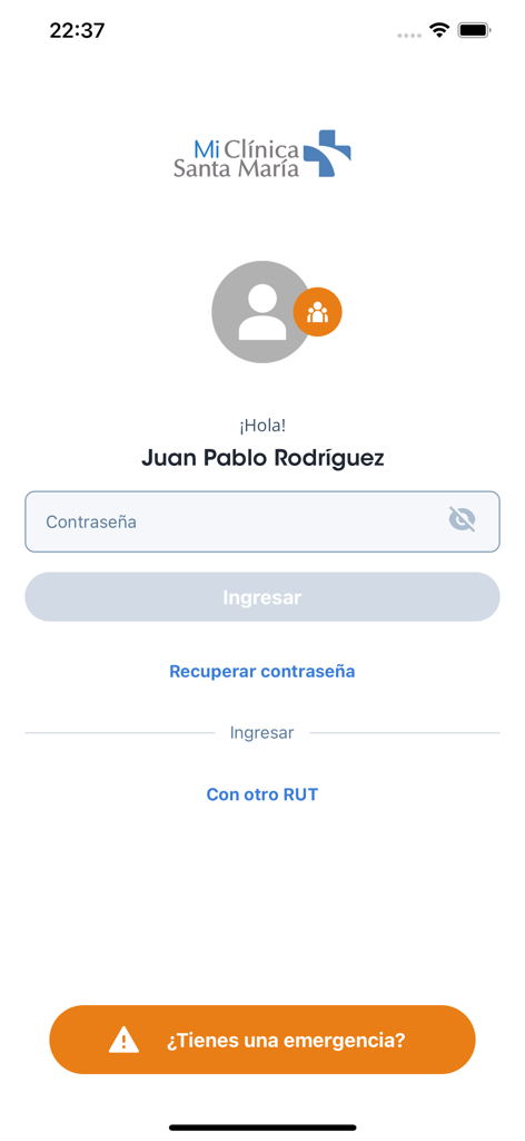 Pantalla de inicio de sesión de la aplicación Mi Clínica Santa María que muestra un saludo personalizado al usuario y un campo para introducir la contraseña