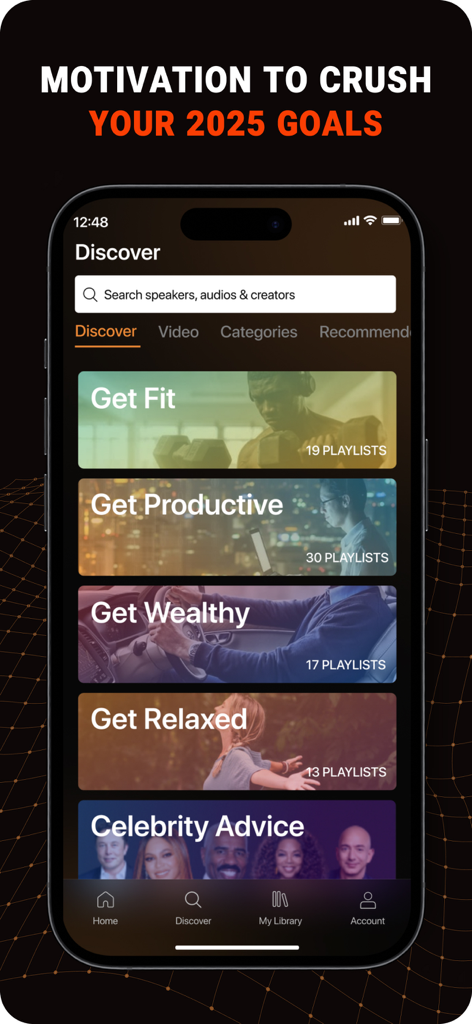 Mindset: Daily Motivation App - Mindset motivation app discover screen showing categories for fitness productivity and wealth