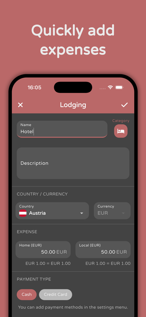 Trexpense - Travel Budget - Schermata mobile dell'app Trexpense che mostra l'interfaccia per aggiungere rapidamente una spesa di viaggio per l'alloggio