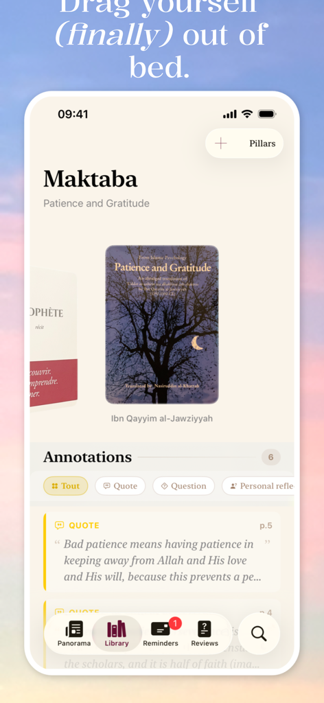 Fajr O'Clock - Alarm & Salat - Fajr OClock app Maktaba library section showing Islamic books and user annotations
