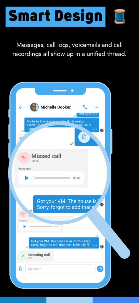Phone2: Business Phone Number - Phone2 app interface showing text messages and voicemails in a single unified thread