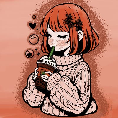 manga girl drinking boba in cozy sweater