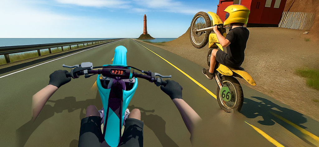 Wheelie Bike Life Rider Games - first person point of view of a motorcycle racing game with a rider performing a wheelie on a coastal road
