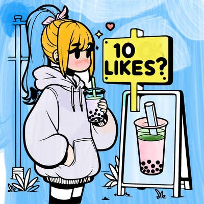girl with oversized hoodie drinking boba and she has a high ponytail with a sign that says 10likes?