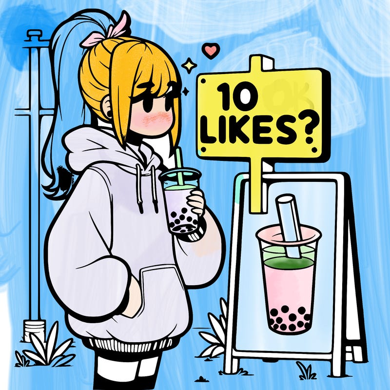 girl with oversized hoodie drinking boba and she has a high ponytail with a sign that says 10likes?
