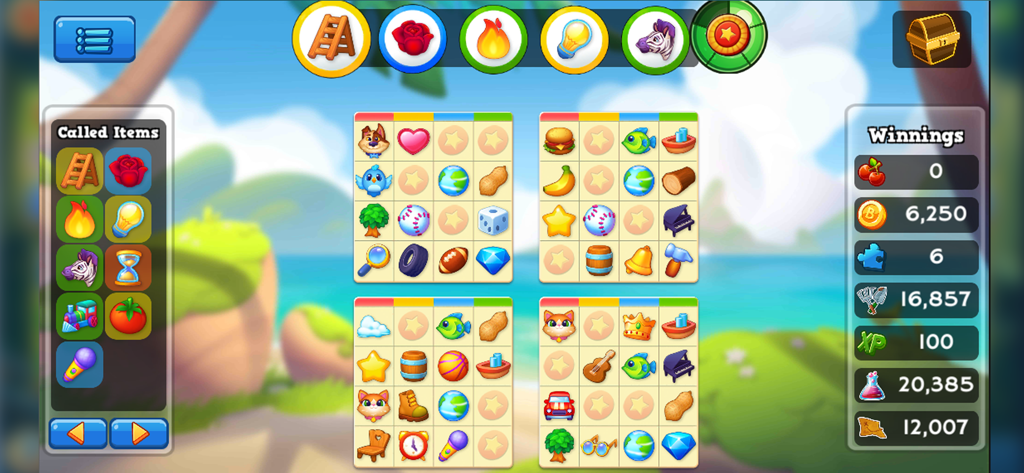 Screenshot of Bingo Pop gameplay showing four bingo cards with unique icons and a tropical beach background