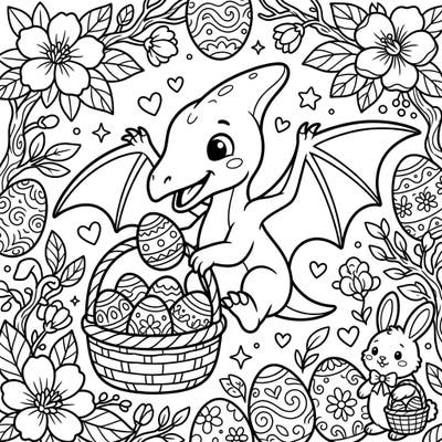 Unleash your creativity with this delightful Pterodactylus Easter coloring page, featuring a friendly dinosaur surrounded by festive eggs and spring blossoms. It's a unique and engaging activity perfect for adding a prehistoric touch to your holiday celebrations.