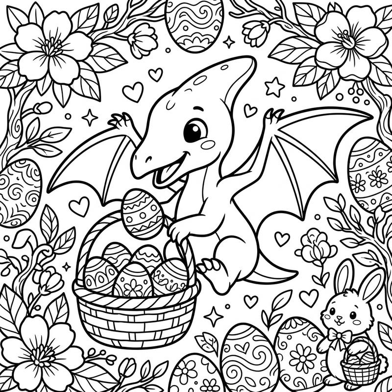 Unleash your creativity with this delightful Pterodactylus Easter coloring page, featuring a friendly dinosaur surrounded by festive eggs and spring blossoms. It's a unique and engaging activity perfect for adding a prehistoric touch to your holiday celebrations.