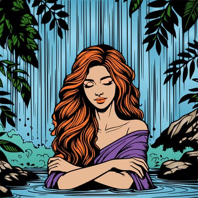 realistic female model under waterfall