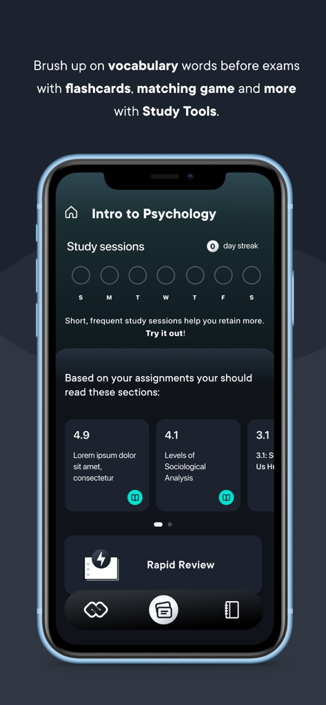 Revel by Pearson - Revel by Pearson app interface showing psychology study sessions and flashcard tools for exam prep.
