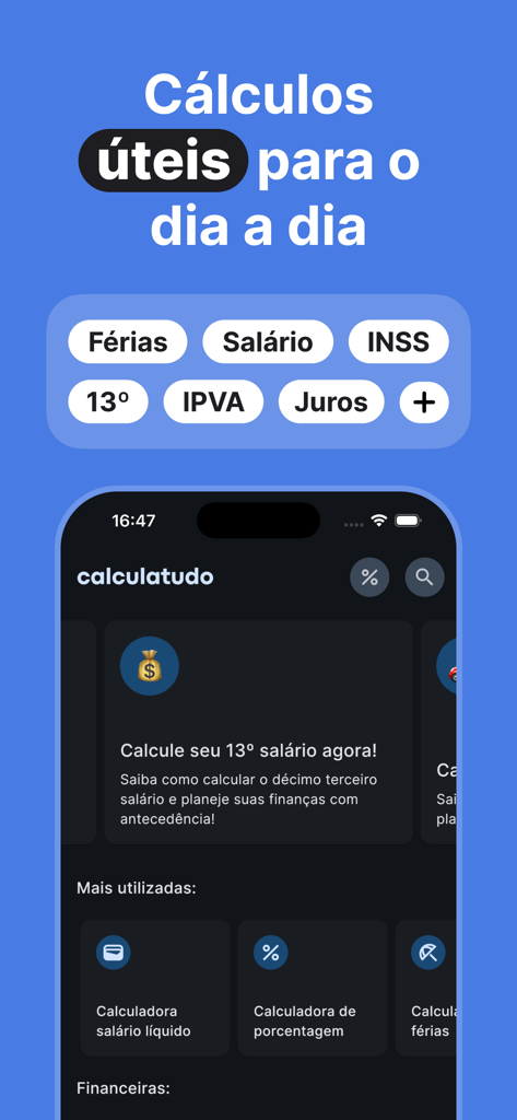 CalculaTudo: Juros, IPVA e + - 給与税金と利息の計算機を表示するCalculaTudoアプリのインターフェース