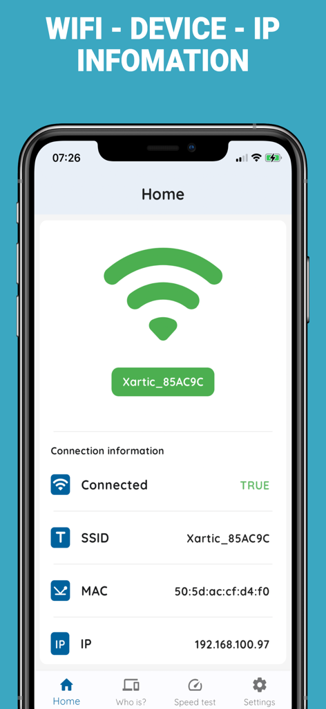 Ein mobiler App-Bildschirm, der WLAN-Verbindungsinformationen anzeigt, einschließlich SSID, MAC-Adresse und IP-Adresse