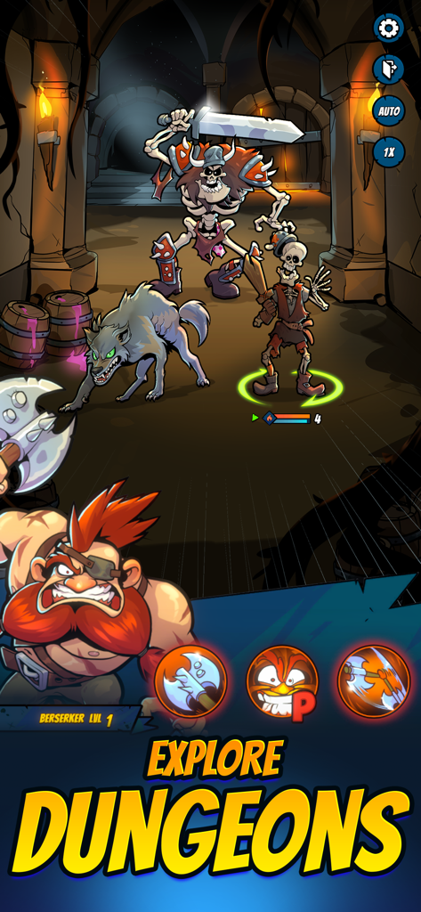 Mobile Dungeon: RPG Crawler - A cartoon berserker hero facing skeleton enemies and a wolf in a dungeon crawler battle scene.