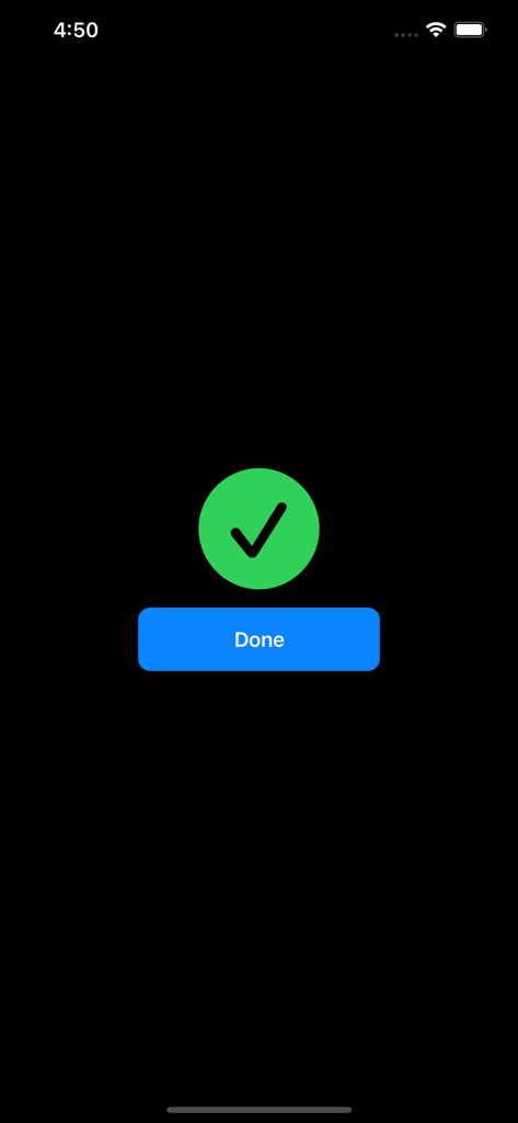 Success screen with a green checkmark and a blue Done button after creating a ringtone.