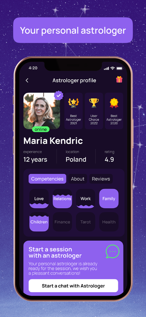 Numia: Astrology and Horoscope - Profile of a professional astrologer named Maria Kendric on the Numia app showing her experience and rating.