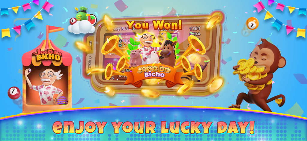Dr. Bingo - VideoBingo + Slots - Dr Bingo and a monkey celebrating a win in the Brazilian style Jogo do Bicho video bingo game