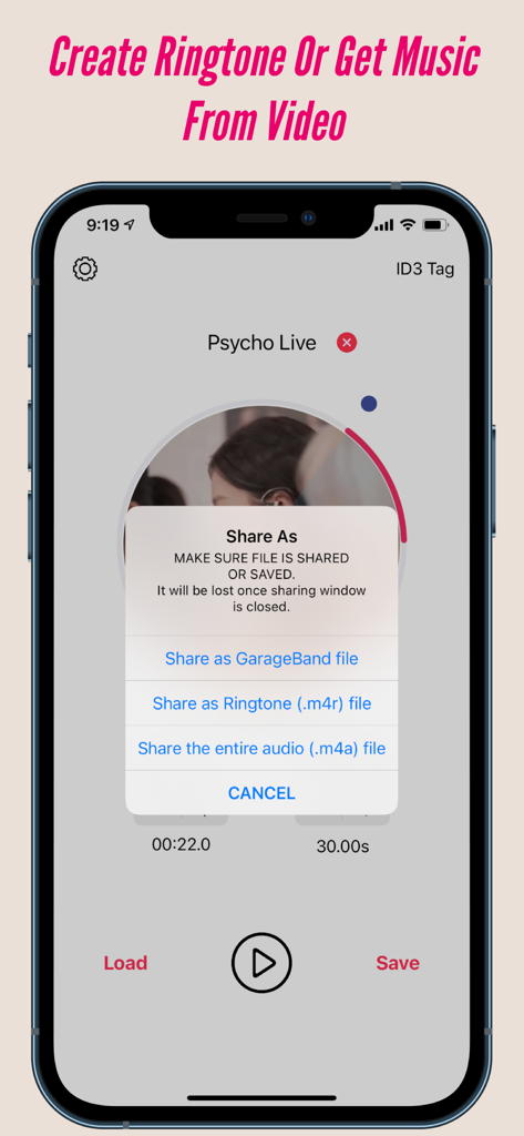 MusicToRingtoneアプリのエクスポートメニュー。着信音またはGarageBandファイルとして共有するオプションが表示されます。