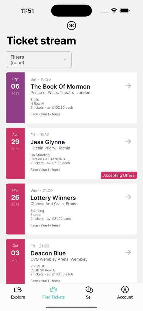 Twickets - Twickets 앱 티켓 스트림 스크린샷, 정가로 이용 가능한 이벤트 리스팅 표시