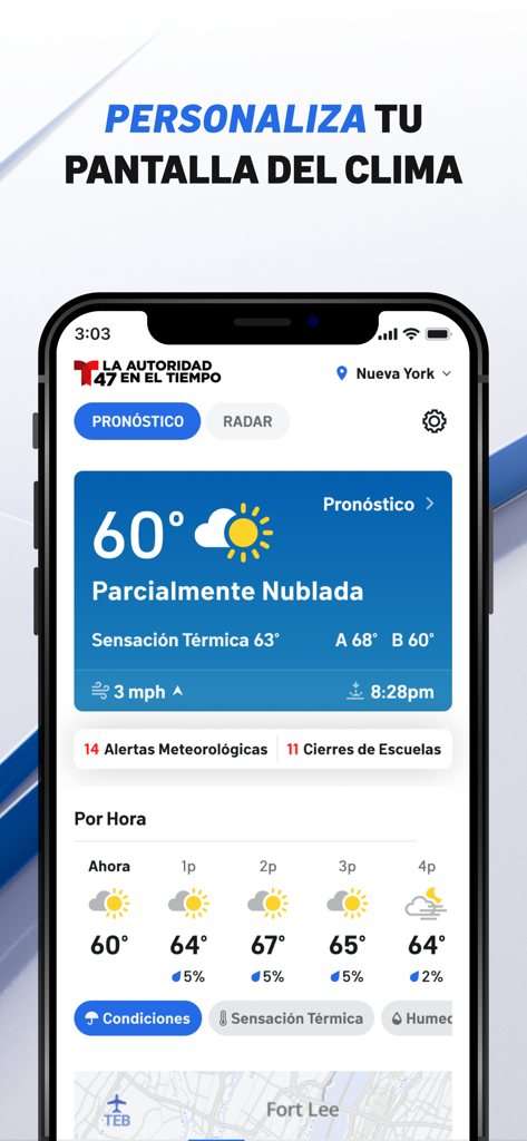 Pantalla del tiempo de la app Telemundo 47 NY con pronóstico local y alertas de cierre de escuelas en español