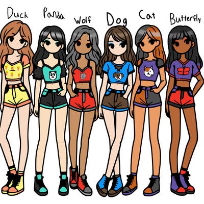 a group of girls wearing crop tops and shorts