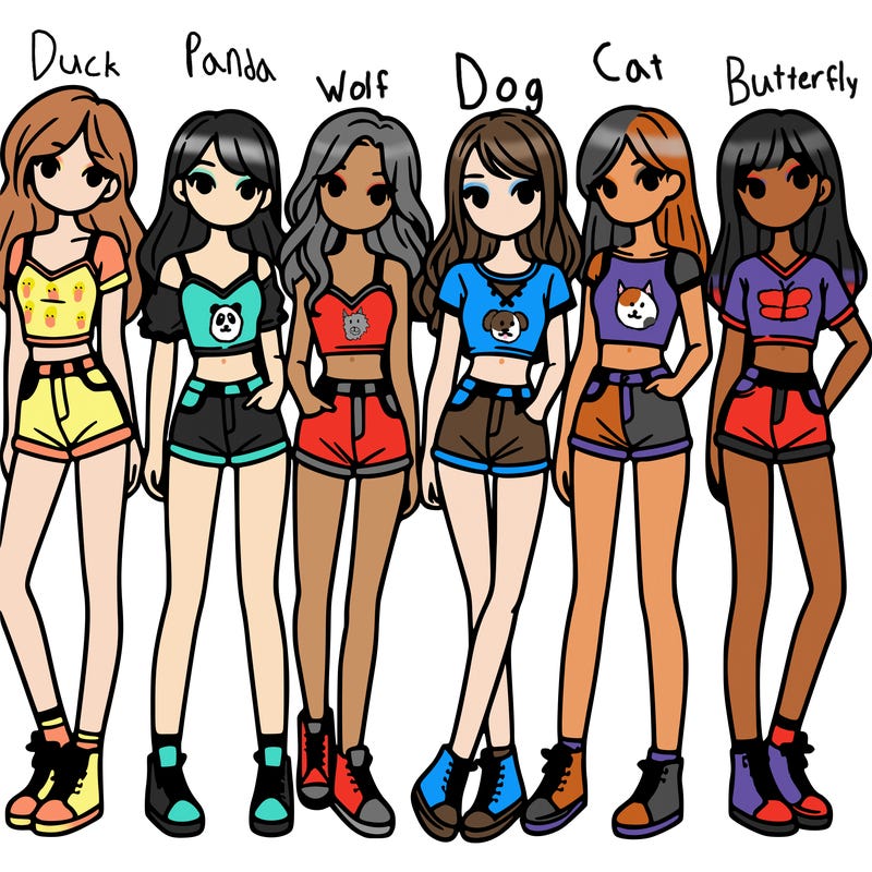 a group of girls wearing crop tops and shorts