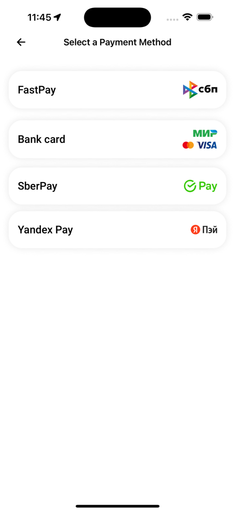 Pantalla de la aplicación Aeroexpress para seleccionar métodos de pago, incluidas tarjetas bancarias y carteras digitales